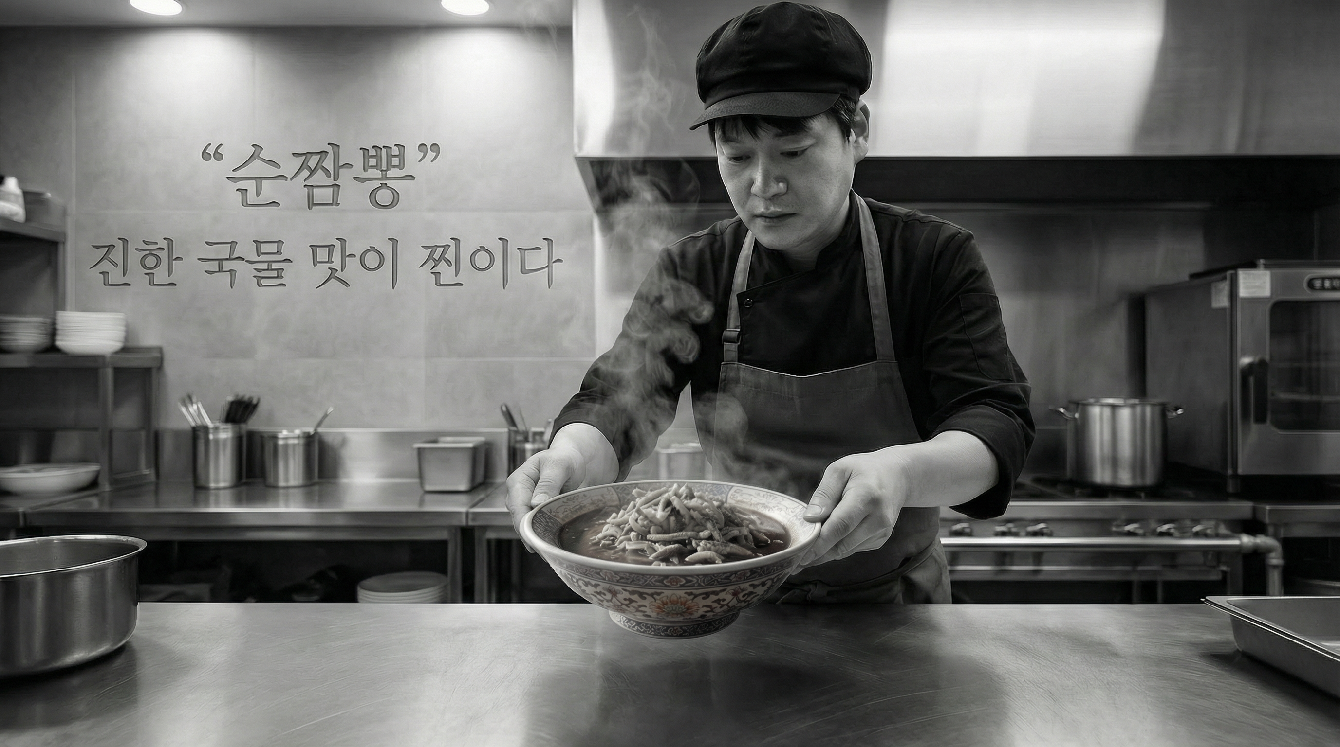 순짬뽕 주방에서 완성된 짬뽕을 내는 셰프